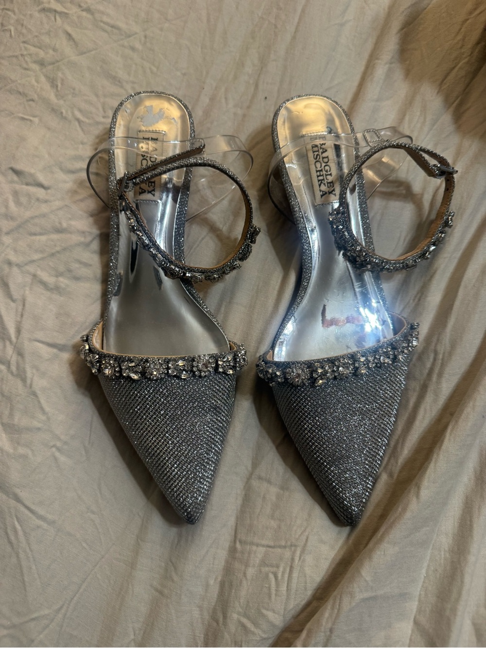 Badgley Mischka Silver Crystal-Trim Pointed Toe Ankle Strap Heels